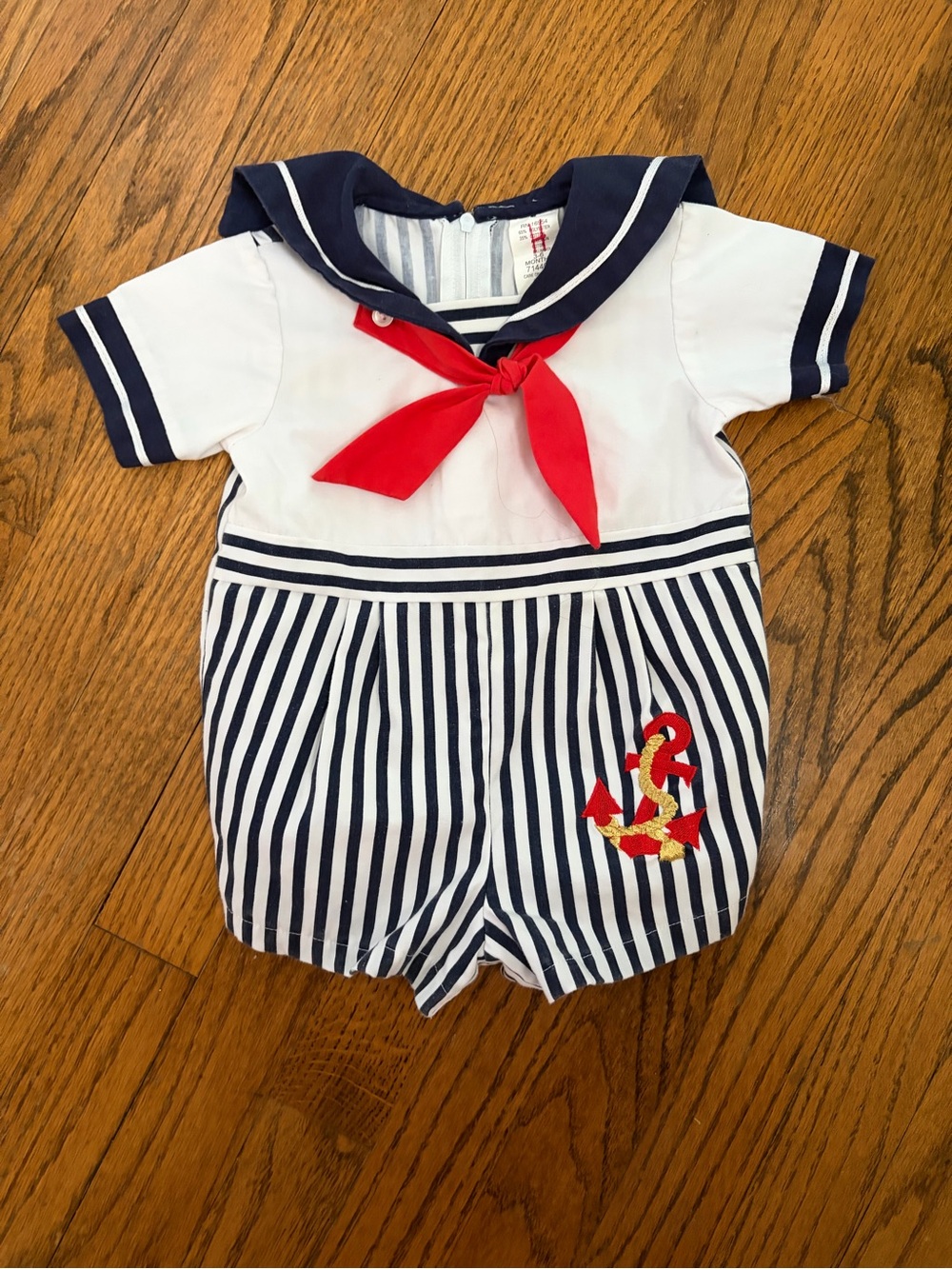 Vintage Nautical Baby Sailor Romper with Red Button Tie & Anchor Embroidery 3-6